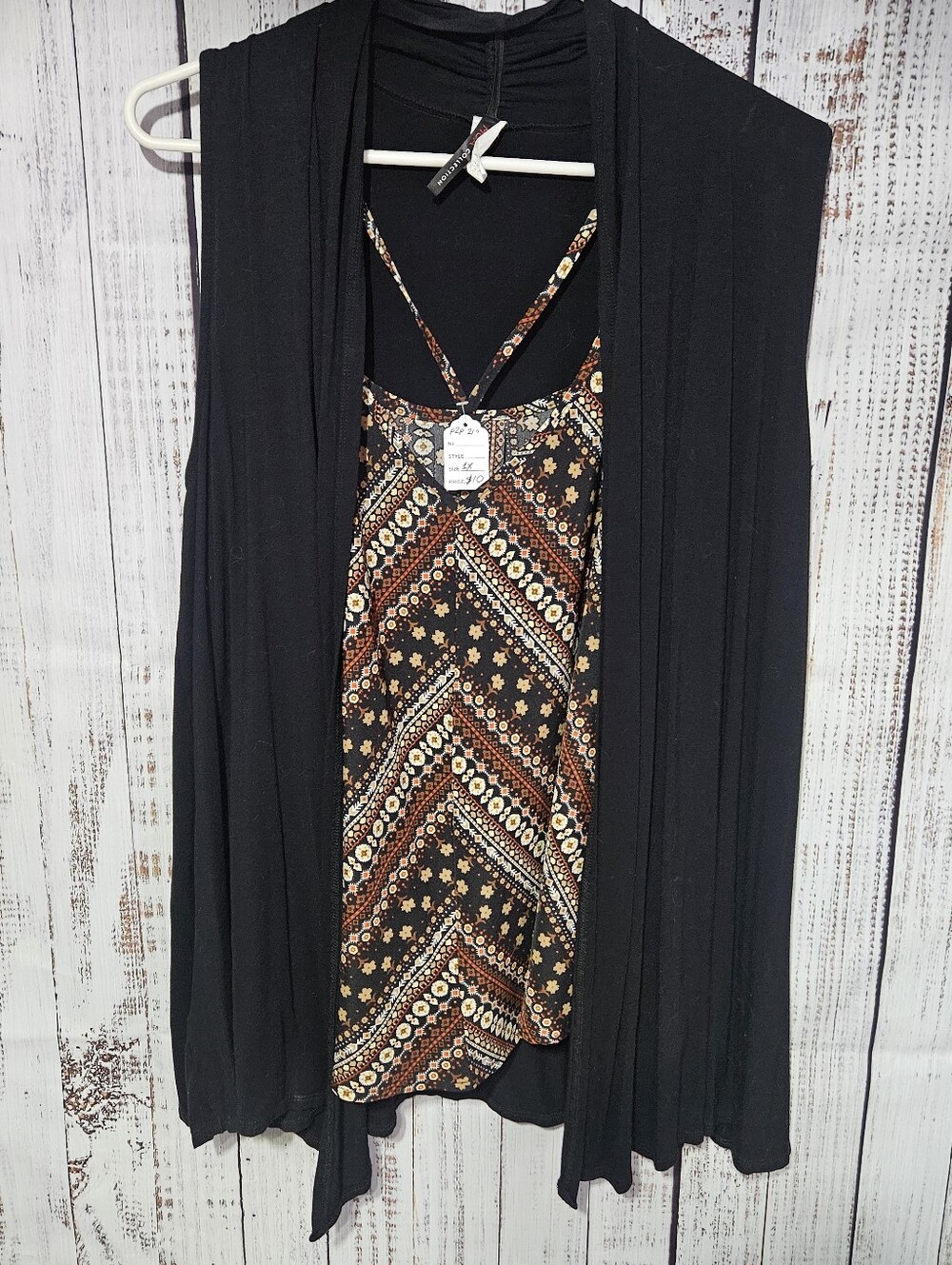 Black Open Front Kimono with Brown Patterned Cami 2 Piece
